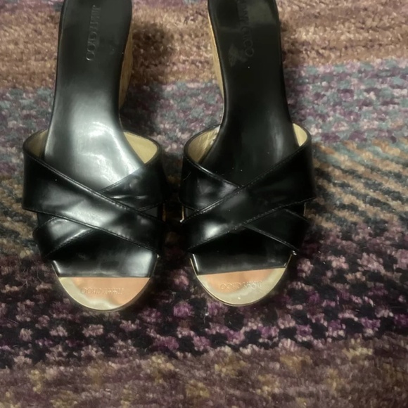 Jimmy Choo Patent Leather Metal Logo Slide Sandal Shoe Cork Wedge Platform - Picture 4 of 11